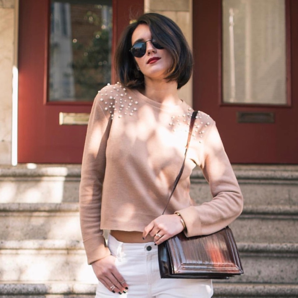 Camel sweater with pearl embellishments